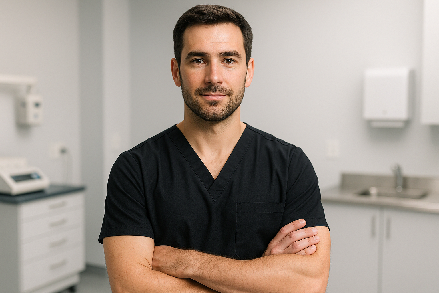 A male wearing black crew neck scrub top